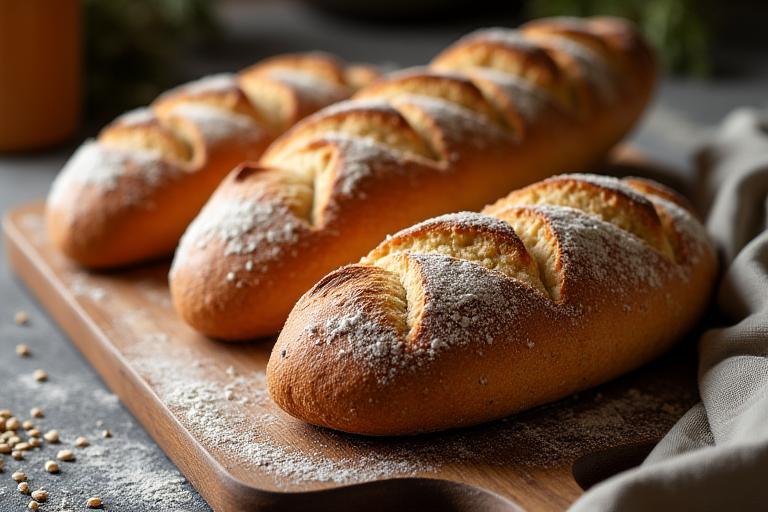 나무 도마 위에 놓인 갓 구운 아티장 빵과 곡물