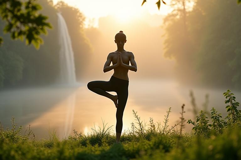 자연 속에서 평화로운 요가 자세를 취하는 사람